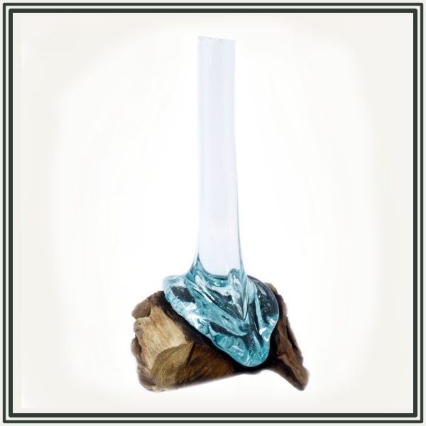 a tall and narrow glass vase which is created by pouring hot glass onto a natural wooden base created a very unique home accessory for boho living